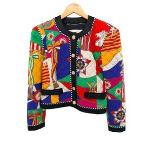 Escada Margaretha Ley Vintage Quilted Silk Scarf Print Jacket Multi Color Sz 34